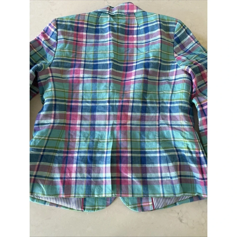 Talbots Womens 4P Madras Plaid Ruffle Sleeve Linen Blazer Teal Pink Plaid Lined